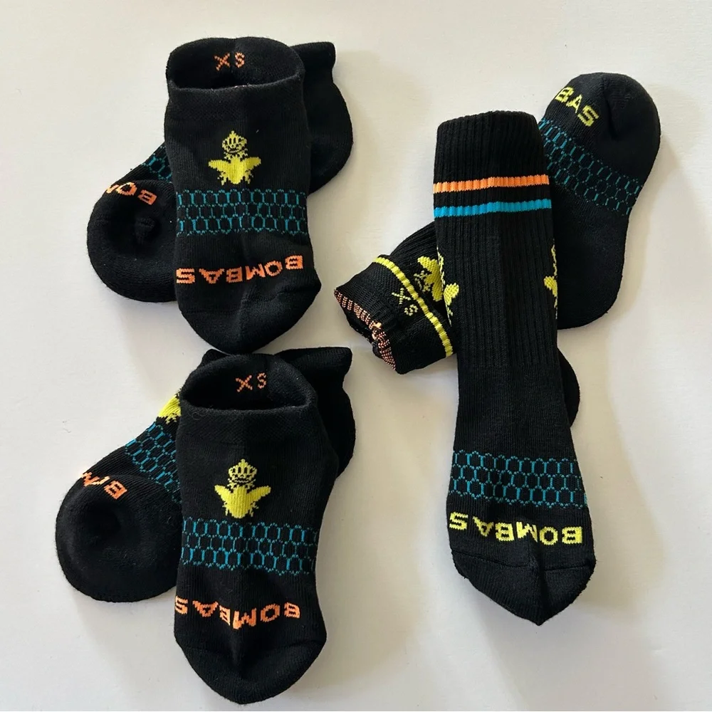 BOMBAS NWOT 3 pair XS 2 Ankle 1 Calf Sock Black w/yellow orange blue Kids Youth